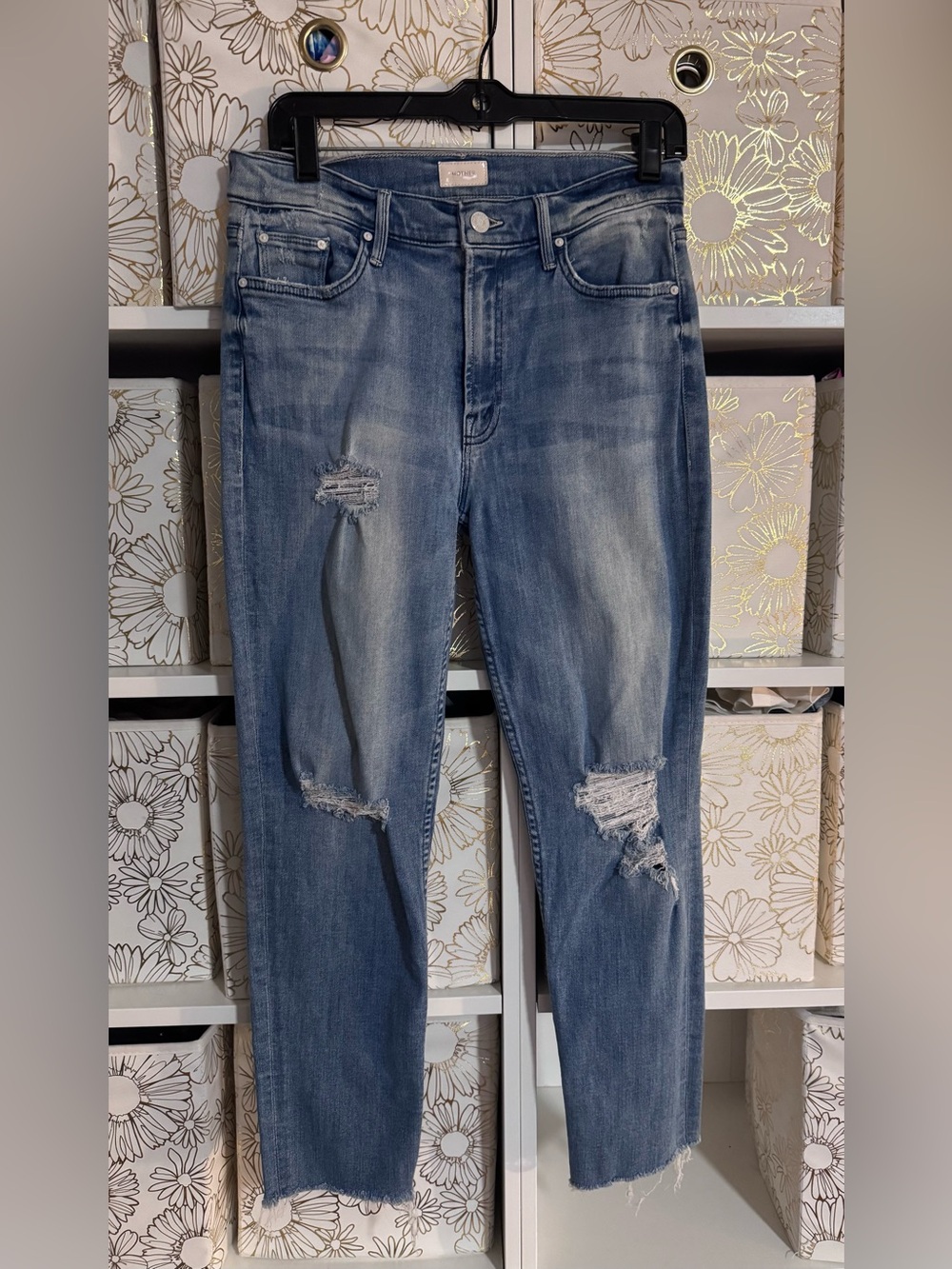 MOTHER Straight Leg Distressed Jeans in Blue (Waist 26)